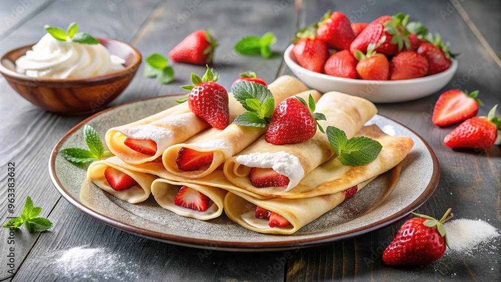 Delicious crepes filled with creamy sour cream and fresh strawberries Delicious crepes filled with creamy sour cream and fresh strawberries