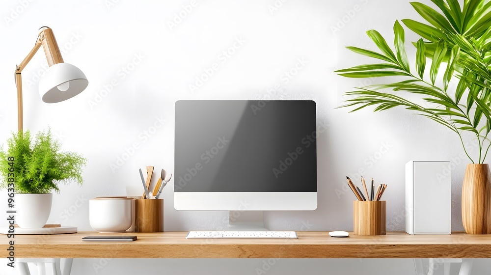 Minimalist Home Office Workspace with Plants and Desktop Computer. Minimalist Home Office Workspace with Plants and Desktop Computer.