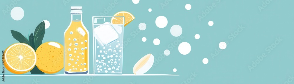 Glass of lemonade with lemon slices, bottle and bubbles on a blue background. Glass of lemonade with lemon slices, bottle and bubbles on a blue background.