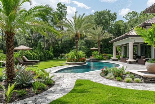 Beautiful backyard with pool, tropical plants, and patio in Lakeetown, Florida on a sunny day, featuring a panoramic view and garden landscape design.