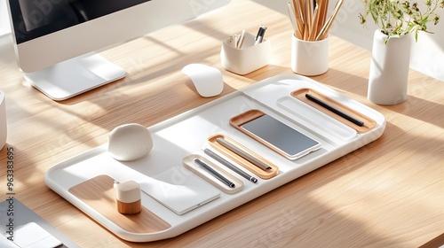 Minimalist Desk Organizer with Wooden Accents. photo