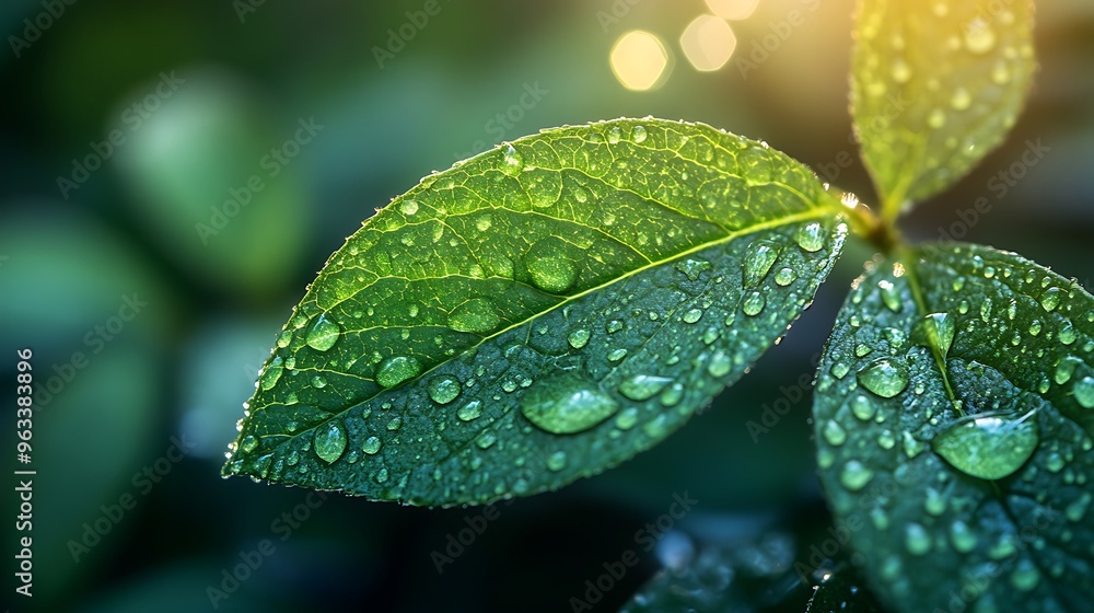 Close-up of dew drops on a green leaf, illuminated by sunlight. Close-up of dew drops on a green leaf, illuminated by sunlight.