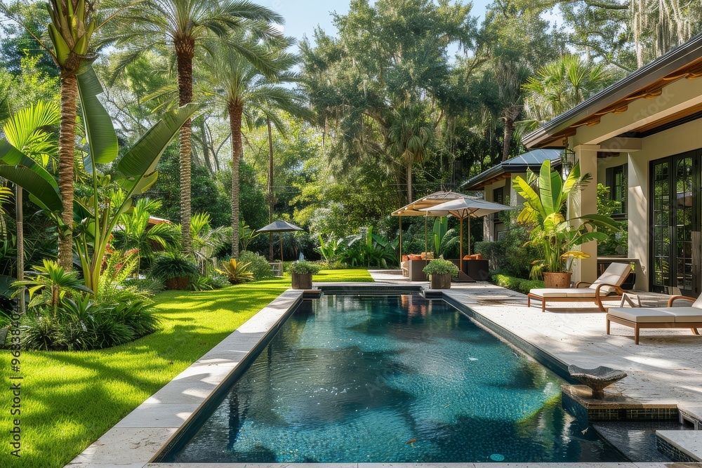 Fototapeta premium Beautiful backyard with pool, tropical plants, and patio in Lakeetown, Florida on a sunny day, featuring a panoramic view and garden landscape design.