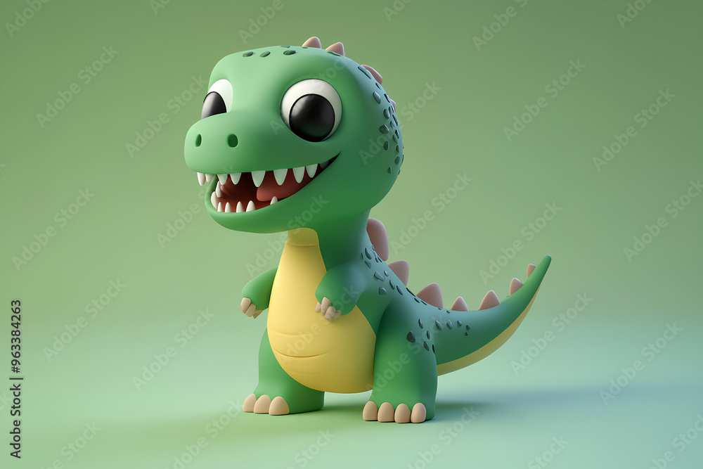 Fototapeta premium A cute green 3D cartoon dinosaur with big eyes and a toothy grin stands on a green background.