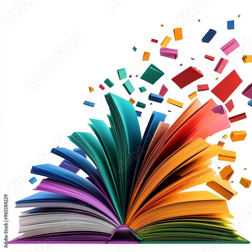 Open book with colorful pages and flying pages, knowledge, learning, education concept.