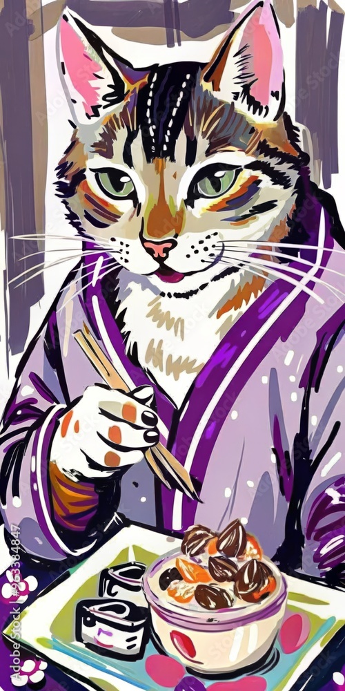 Colorful illustration of a cat wearing a kimono and eating ramen with chopsticks. Vertical. Colorful illustration of a cat wearing a kimono and eating ramen with chopsticks. Vertical.