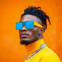 Man in bold sunglasses poses against orange background