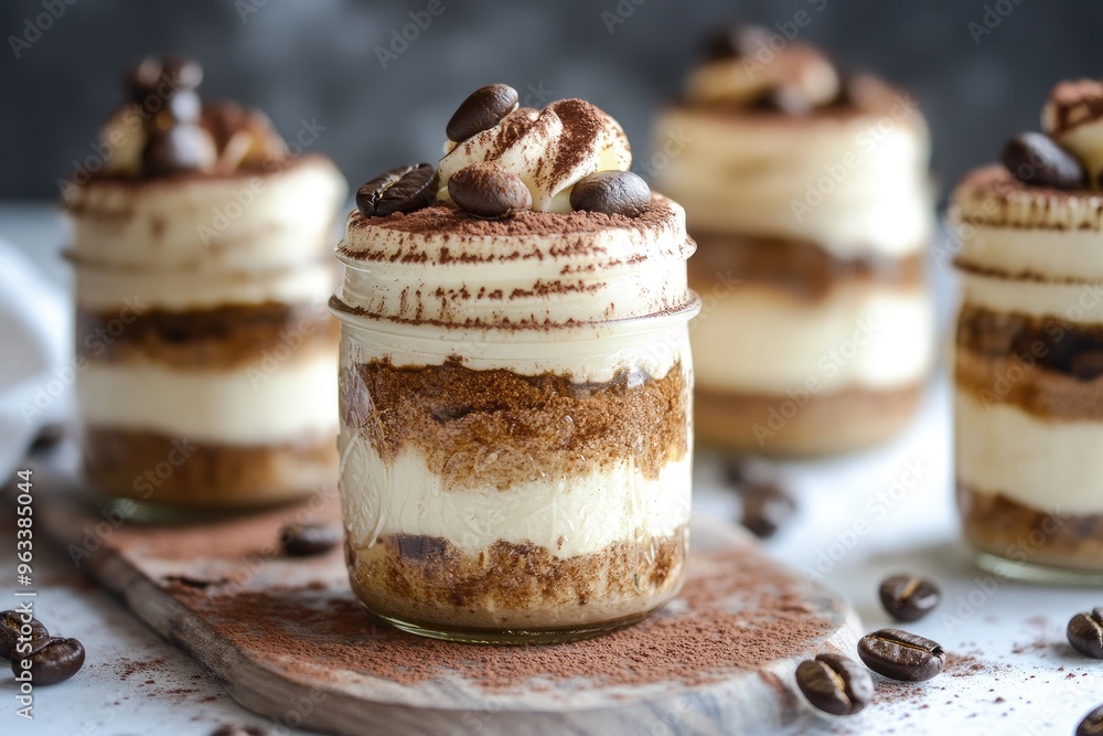 Individual servings of espresso tiramisu in mason jars, with a sprinkle of cocoa powder and a coffee bean garnish Individual servings of espresso tiramisu in mason jars, with a sprinkle of cocoa powder and a coffee bean garnish