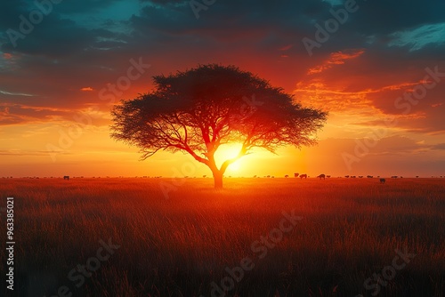 A dramatic sunset over a vast savannah with silhouettes of acacia trees and wildlife in the distance