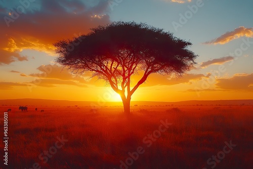 A dramatic sunset over a vast savannah with silhouettes of acacia trees and wildlife in the distance