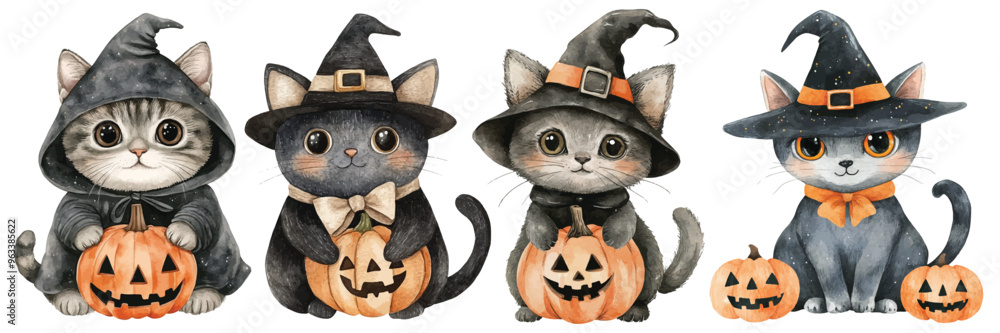 Fototapeta premium Watercolor Cute Cat Wearing Halloween Costume on White Background. Illustration