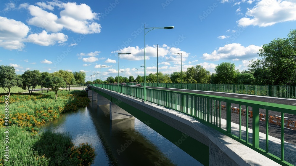 Modern pedestrian bridge over a river with lush green trees and blue sky with clouds. Modern pedestrian bridge over a river with lush green trees and blue sky with clouds.