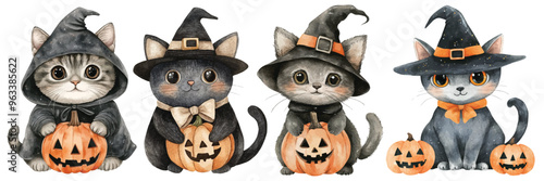 Watercolor Cute Cat Wearing Halloween Costume on White Background. Illustration