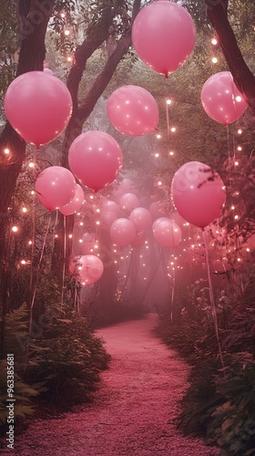 Pink balloons and fairy lights in pastel forest creating magical ambiance