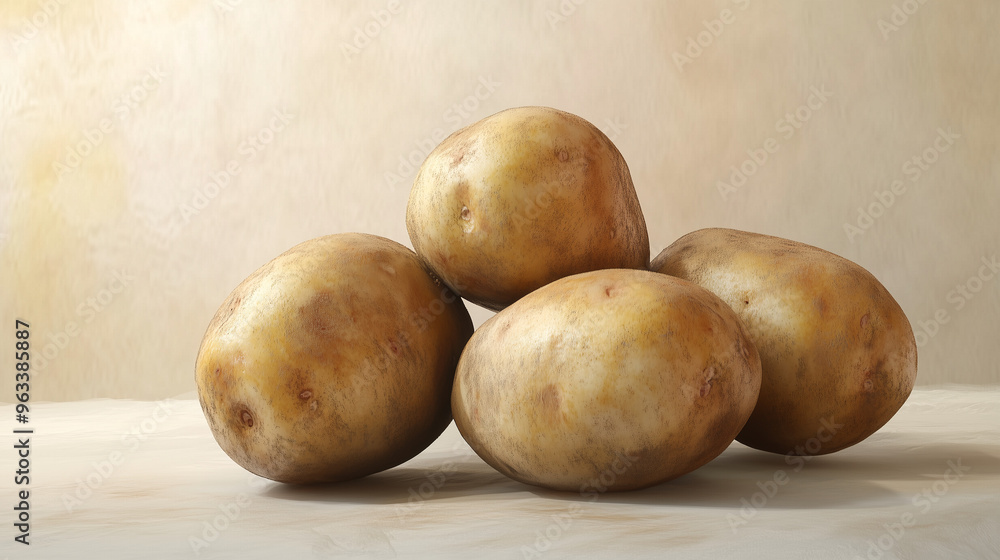 Fototapeta premium The image depicts several potatoes stacked on each other on a light background, with realistic skin texture and natural details