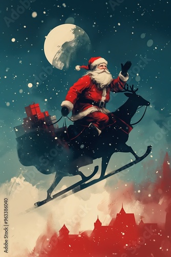 Santa Claus riding sleigh with reindeer under a full moon delivering presents on a snowy Christmas night with snowfall