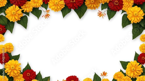 Top-view floral border frame featuring a garland of yellow and red zinnia flowers on a white background. A delicate, decorative design perfect for wedding invitation cards, event decoration, or celebr photo