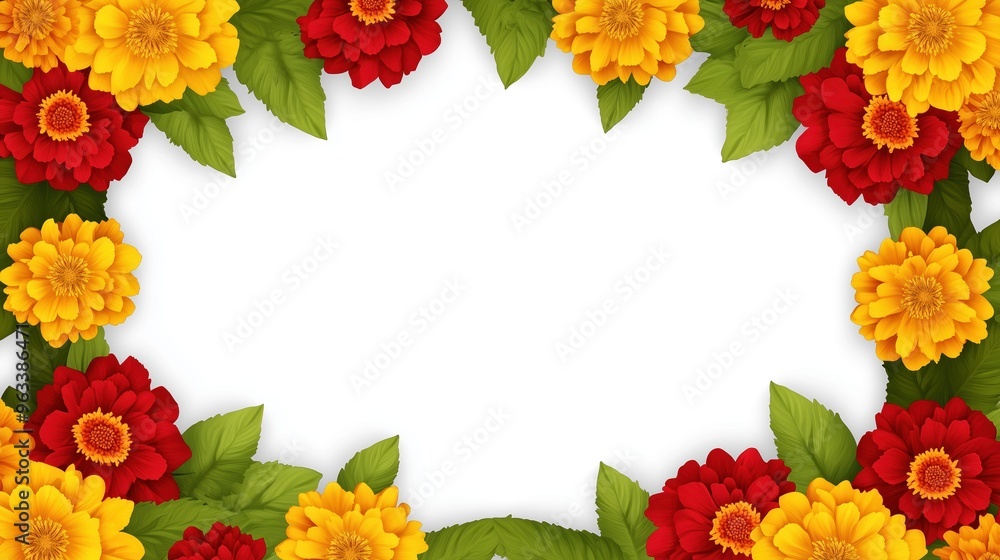 Top-view floral border frame featuring a garland of yellow and red zinnia flowers on a white background. A delicate, decorative design perfect for wedding invitation cards, event decoration, or celebr Top-view floral border frame featuring a garland of yellow and red zinnia flowers on a white background. A delicate, decorative design perfect for wedding invitation cards, event decoration, or celebr