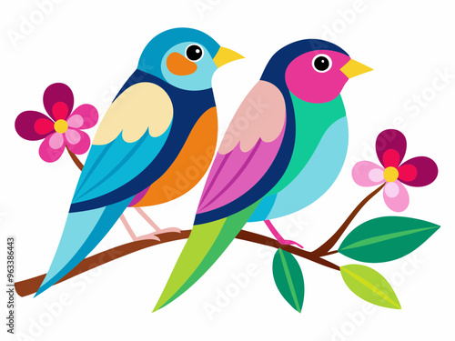 Two colorful birds sitting on a branch with a pink flower vector illustration