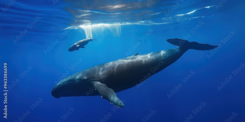 Obraz premium A mother whale raising her young in the ocean as sunlight rays pierce the surface of the water