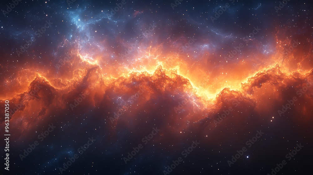 A fiery nebula with a blue and orange glow, amidst a dark starry background. A fiery nebula with a blue and orange glow, amidst a dark starry background.