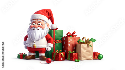 christmas greeting card with copy space, santa claus with gifts