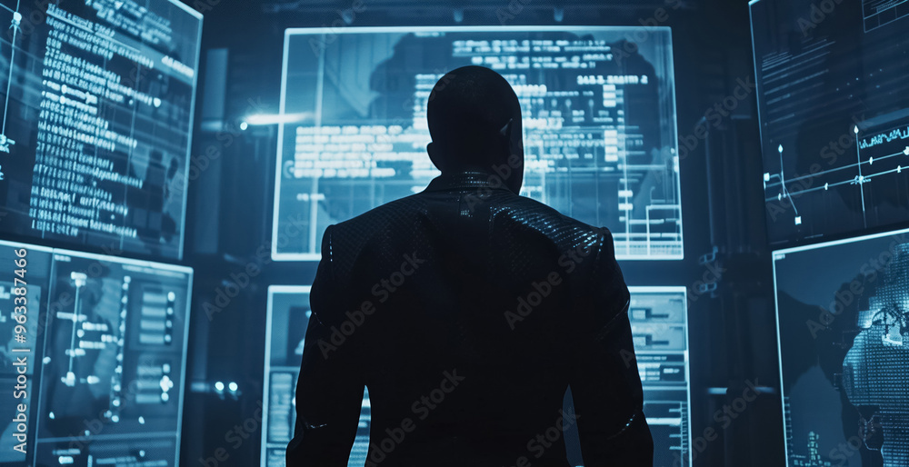 man engineer standing near big digital display with data information man engineer standing near big digital display with data information