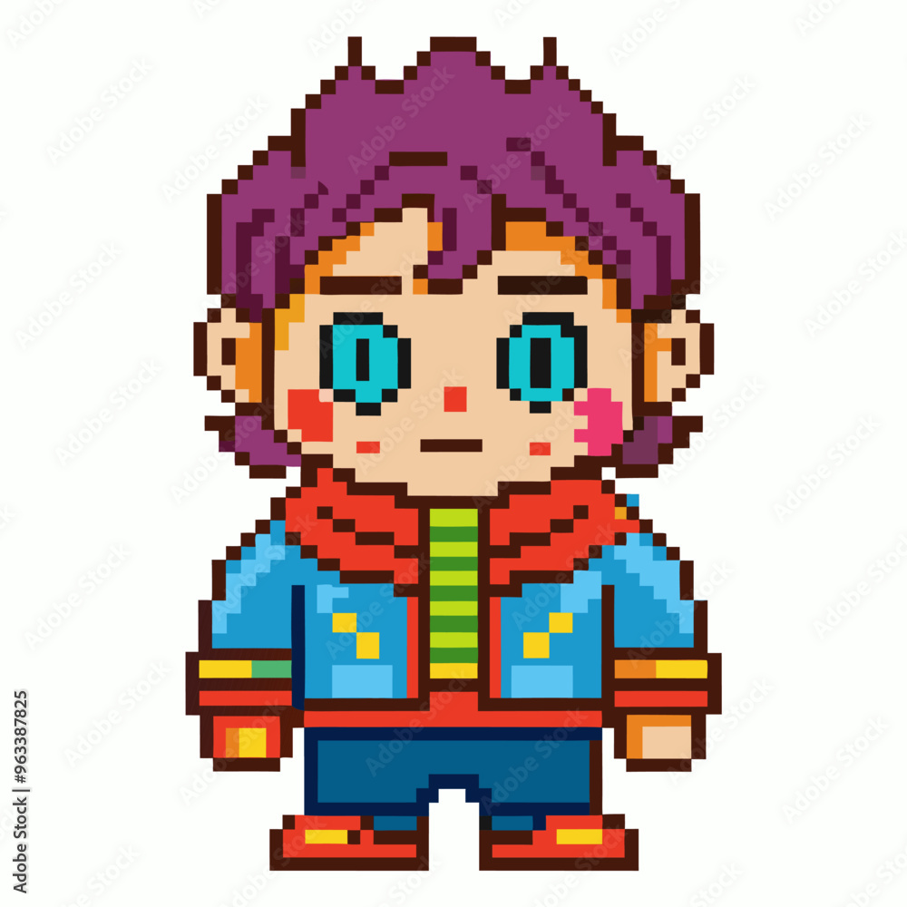 Retro Pixel Art Character in Colorful Outfit with Purple Hair, Red Jacket, and Blue Eyes Retro Pixel Art Character in Colorful Outfit with Purple Hair, Red Jacket, and Blue Eyes