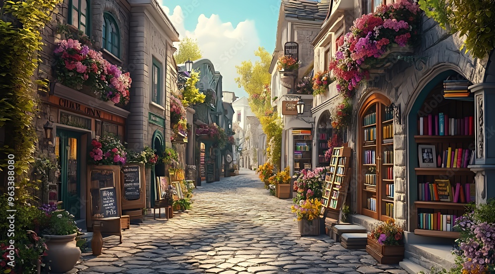 Naklejka premium A quaint cobblestone street lined with charming shops, adorned with vibrant flowers and lush greenery.
