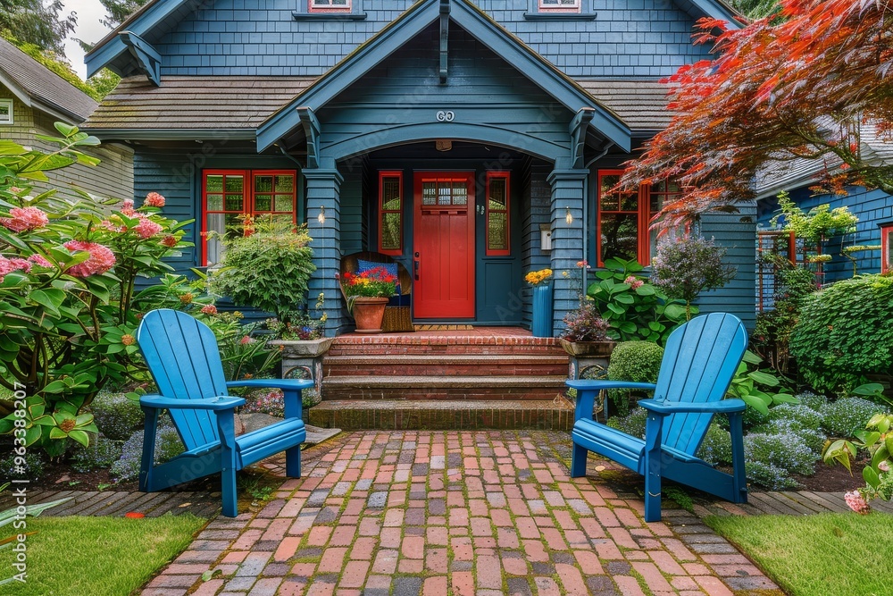 Beautiful front yard with brick paver patio, blue chairs, red door, brown walls, and white trim on a sunny day in Washington state.