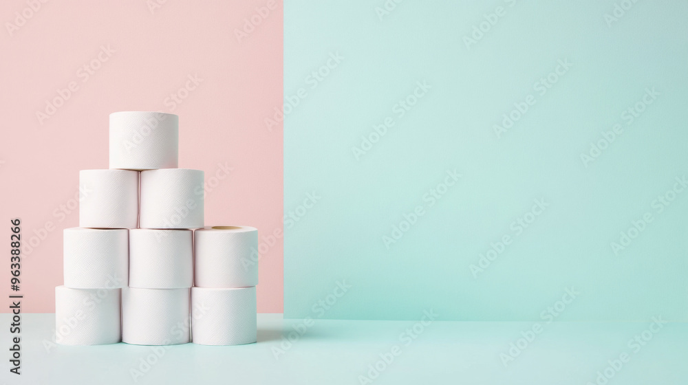 Stack of white toilet paper rolls against turquoise background Stack of white toilet paper rolls against turquoise background