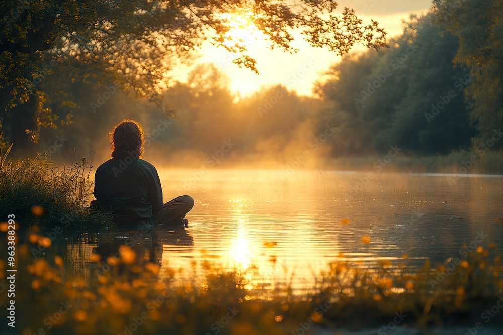 A peaceful reflective scene of a person sitting by a calm river with a contemplative expression A peaceful reflective scene of a person sitting by a calm river with a contemplative expression