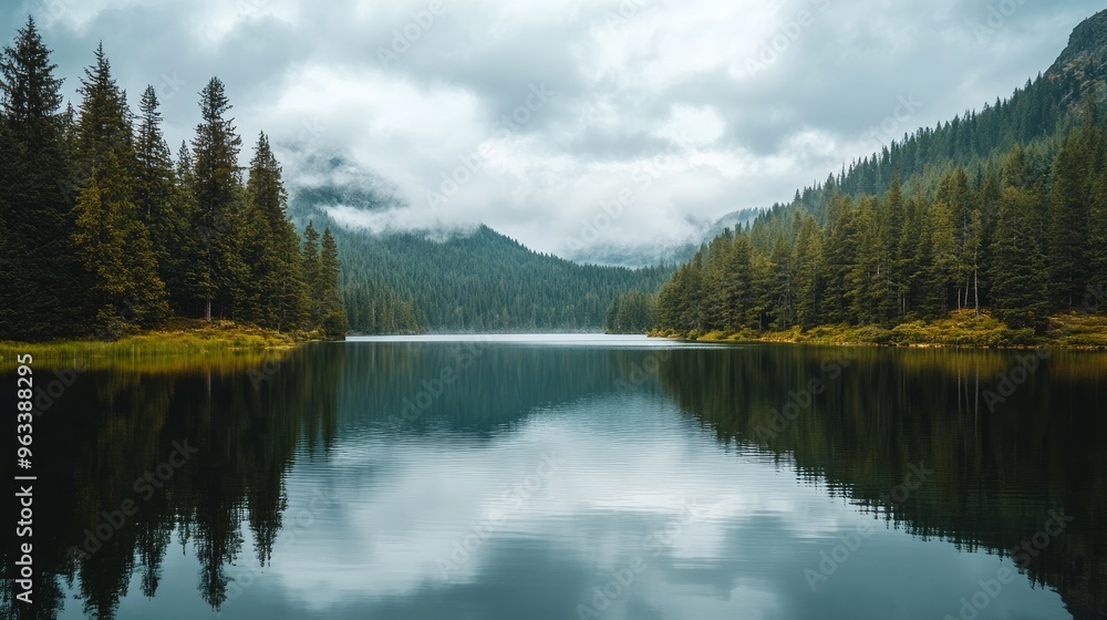 An exquisite lake with a forest backdrop. The water is calm, but the sky is overcast. An exquisite lake with a forest backdrop. The water is calm, but the sky is overcast.