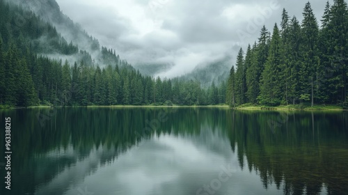 An exquisite lake with a forest backdrop. The water is calm, but the sky is overcast.