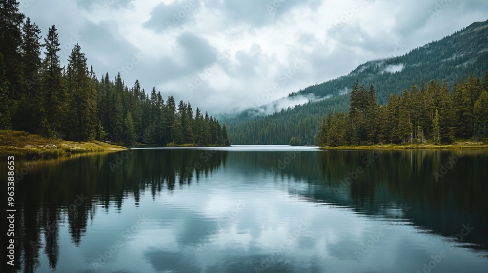 An exquisite lake with a forest backdrop. The water is calm, but the sky is overcast. An exquisite lake with a forest backdrop. The water is calm, but the sky is overcast.
