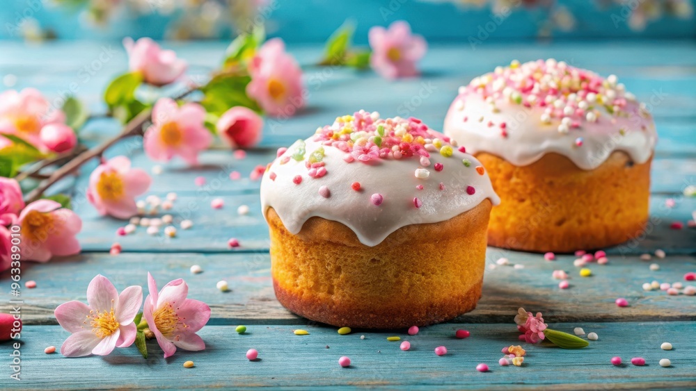 Two small easter cakes with sprinkles on wooden table with pink blossoms and soft blue background Two small easter cakes with sprinkles on wooden table with pink blossoms and soft blue background