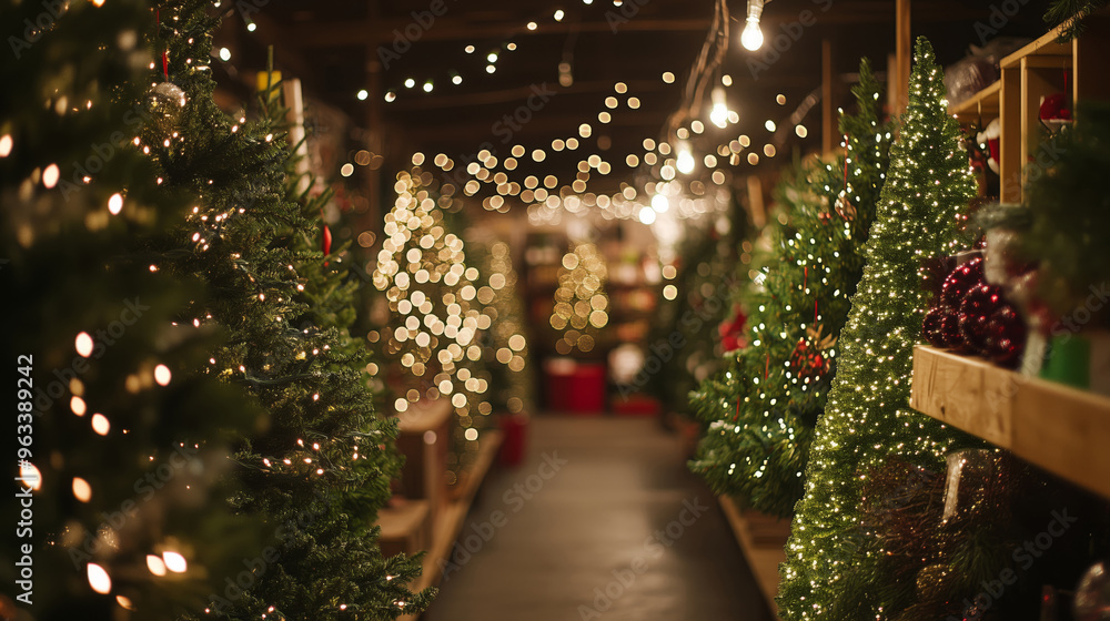 Festive Christmas market with Christmas trees, ornaments and decorations Festive Christmas market with Christmas trees, ornaments and decorations