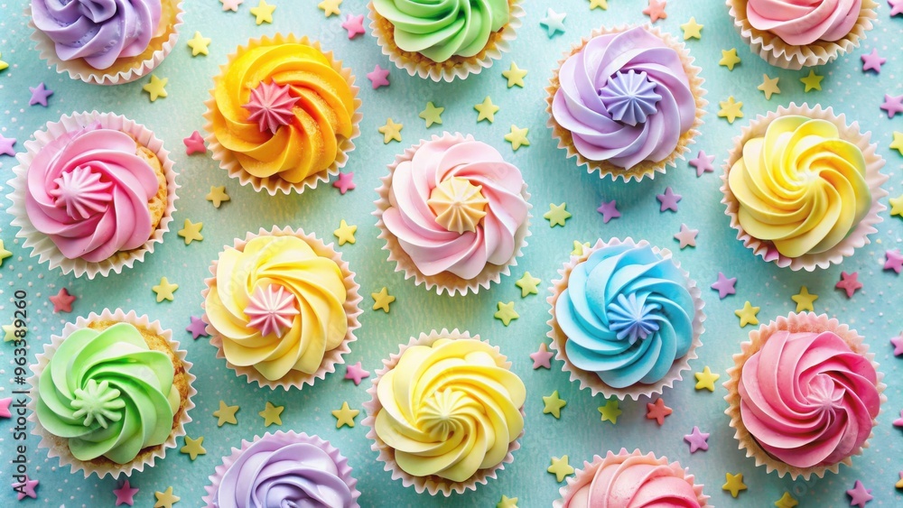Colorful pastel birthday cupcakes arranged in a flat lay on a pastel pattern background Colorful pastel birthday cupcakes arranged in a flat lay on a pastel pattern background