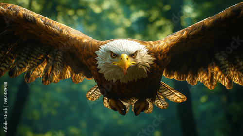 Un pygargue à tête blanche, rapace emblématique d'Amérique, survole un arbre avec ses ailes majestueuses déployées.  photo