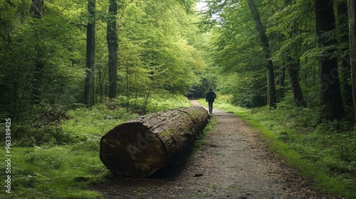 a woodland with a big log in the center of the trail. Someone is using the path. photo