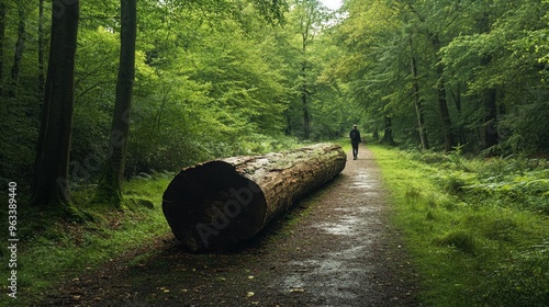 a woodland with a big log in the center of the trail. Someone is using the path. photo