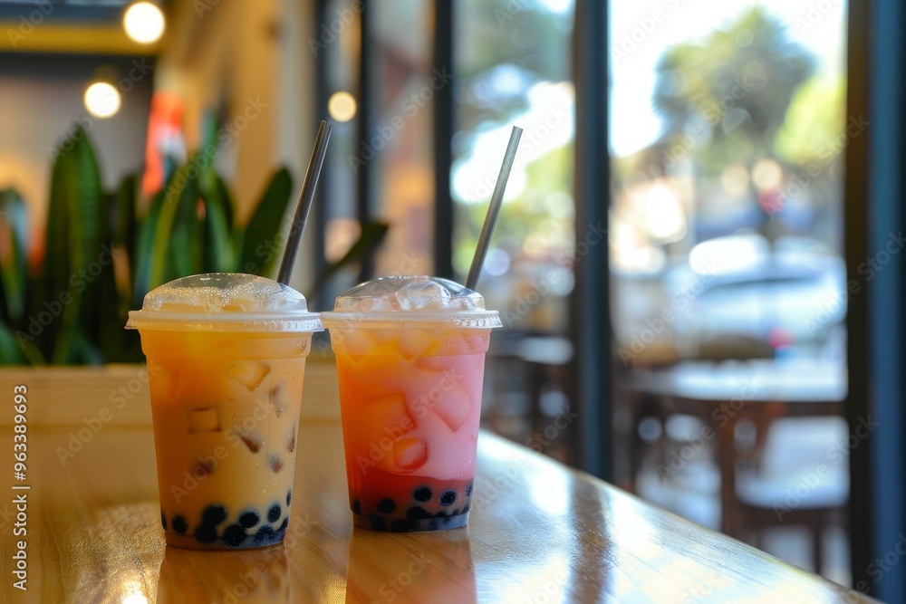 Two iced bubble tea drinks with tapioca pearls and straws are sitting on a cafe counter Two iced bubble tea drinks with tapioca pearls and straws are sitting on a cafe counter