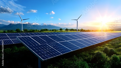 A scenic view of solar panels and wind turbines basking in sunset light, symbolizing renewable energy and sustainable technology. photo