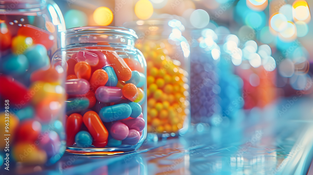 Colorful capsules in glass jars against a blurred background Colorful capsules in glass jars against a blurred background