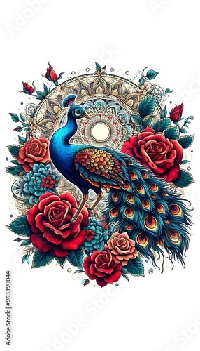 Wallpaper Mural Flowers and a peacock surround a peacock with colored roses and feathers Torontodigital.ca