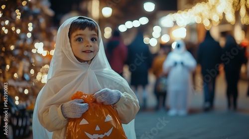 Children dressed as ghosts for Halloween, wearing gloves and holding candy bags with excitement.  photo