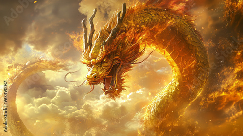 The image depicts a majestic dragon soaring through the clouds, with golden scales and flames engulfing its body, creating a sense of celestial power and strength photo