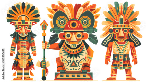 ancient Azteca civilization with iconic symbols such as the Aztec calendar and the feathered serpent god, Quetzalcoatl, alongside Aztec warriors in headdresses photo