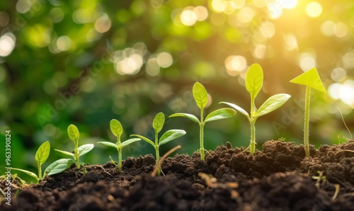 Young seedlings sprouting from soil, bathed in warm sunlight, symbolizing growth, renewal, and nature's life cycle. The image highlights sustainability and ecological harmony.