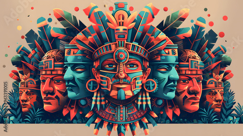 ancient Azteca civilization with iconic symbols such as the Aztec calendar and the feathered serpent god, Quetzalcoatl, alongside Aztec warriors in headdresses